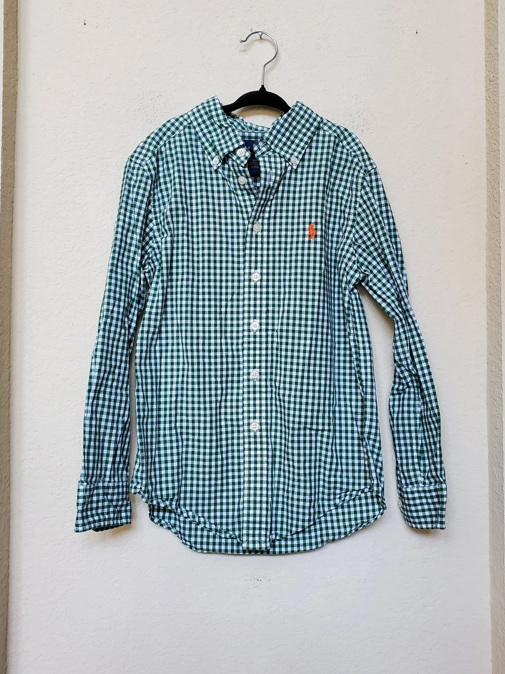 Ralph Lauren Green and White Gingham Button-Down with Orange Polo Logo. Sz 8
